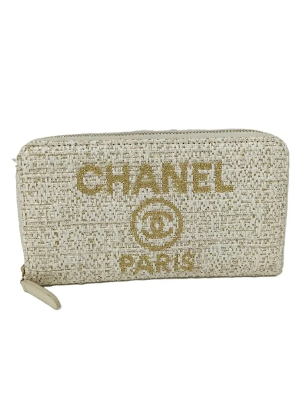 Chanel Round Fastener Wallet Deauville Tweed White 27 8 Digits